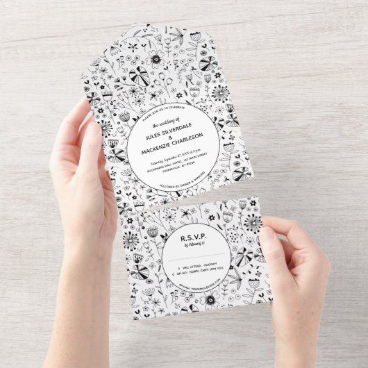 Wild Flower Monochrome Modern Wedding All In One Uitnodiging (Afscheurbaar)