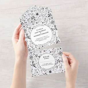 Wild Flower Monochrome Modern Wedding All In One Uitnodiging