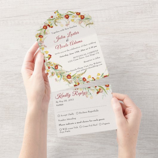 Wild Flower Yellow Marigold Foliage Wedding All In One Uitnodiging (Afscheurbaar)