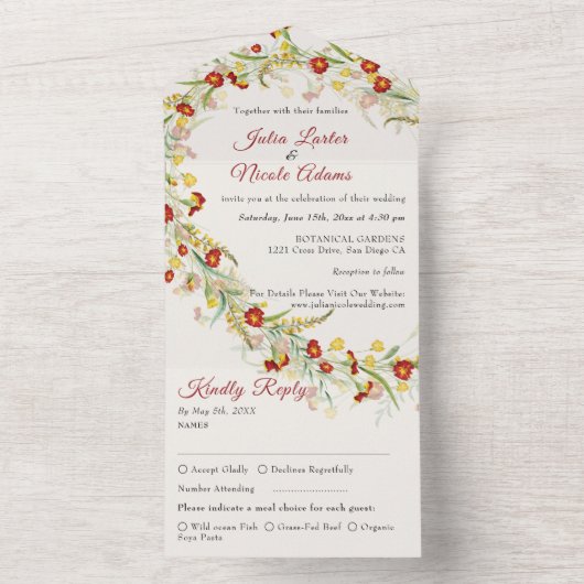 Wild Flower Yellow Marigold Foliage Wedding All In One Uitnodiging (Binnen)