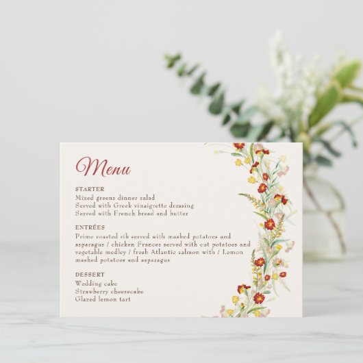 Wild Flower Yellow Marigold Foliage Wedding Menu (Staand voorkant)