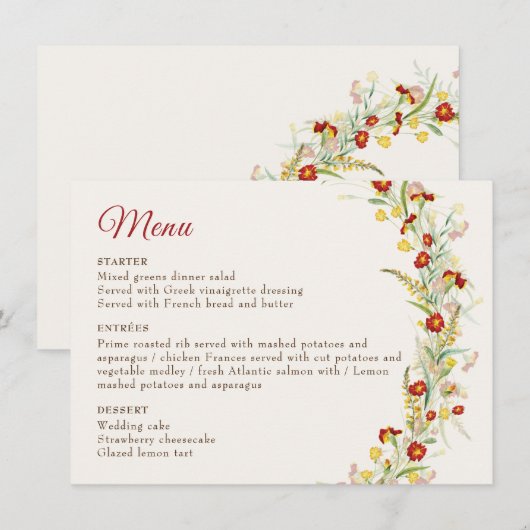 Wild Flower Yellow Marigold Foliage Wedding Menu (Voorkant / Achterkant)