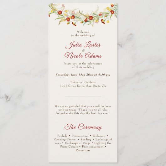 Wild Flower Yellow Marigold Foliage Wedding Programmakaart (Voorkant)