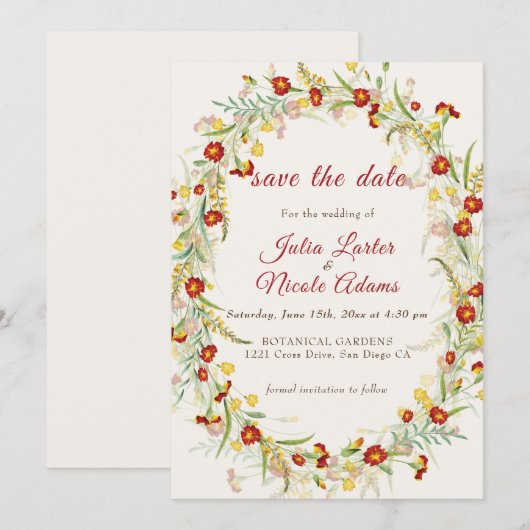 Wild Flower Yellow Marigold Foliage Wedding Save The Date (Voorkant / Achterkant)