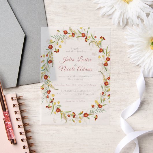 Wild Flower Yellow Marigold Foliage Wedding Vellum Uitnodigingen (Huwelijk)