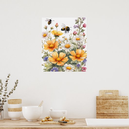 Wild Flowers and Honey Bees Waterverf Poster (Keuken)