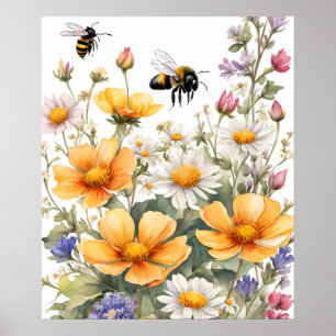Wild Flowers and Honey Bees Waterverf Poster