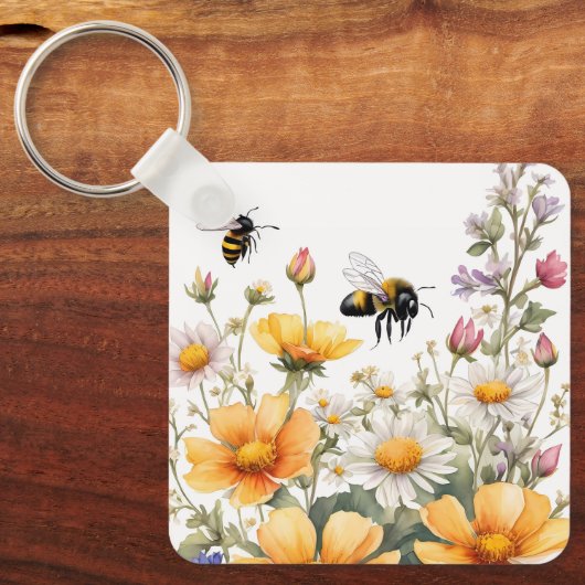 Wild Flowers and Honey Bees Waterverf Sleutelhanger (Voorkant)