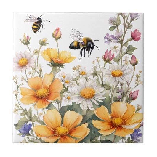 Wild Flowers and Honey Bees Waterverf Tegeltje (Voorkant)