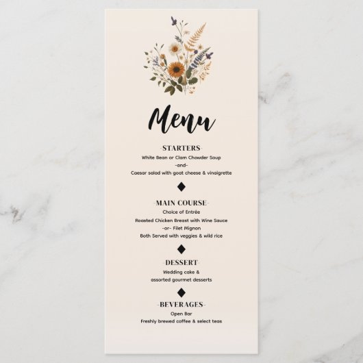 Wild Flowers Bloemen Boheems Bruiloft Menu (Voorkant)
