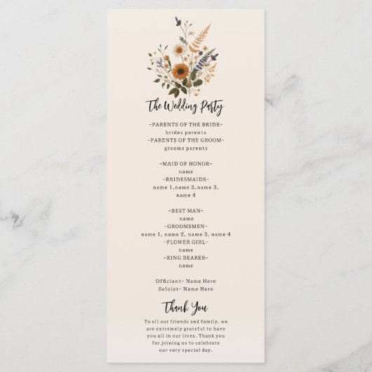 Wild Flowers  Bloemen Boho Trouwprogramma Programmakaart (Achterkant)