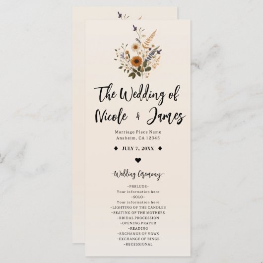 Wild Flowers  Bloemen Boho Trouwprogramma Programmakaart (Voorkant / Achterkant)