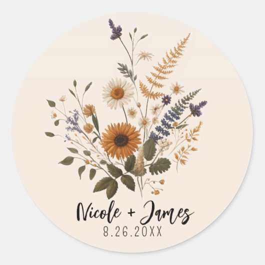 Wild Flowers  Bloemen Bunch Bohemian Bruiloft Ronde Sticker (Voorkant)