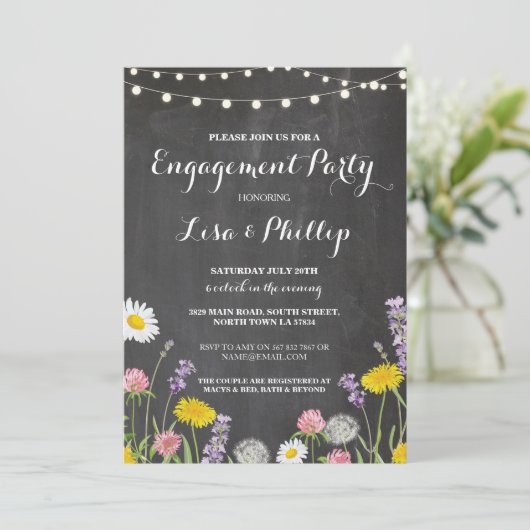 Wild Flowers Engagement Party Chalk Shower Uitnodi Kaart (Staand voorkant)