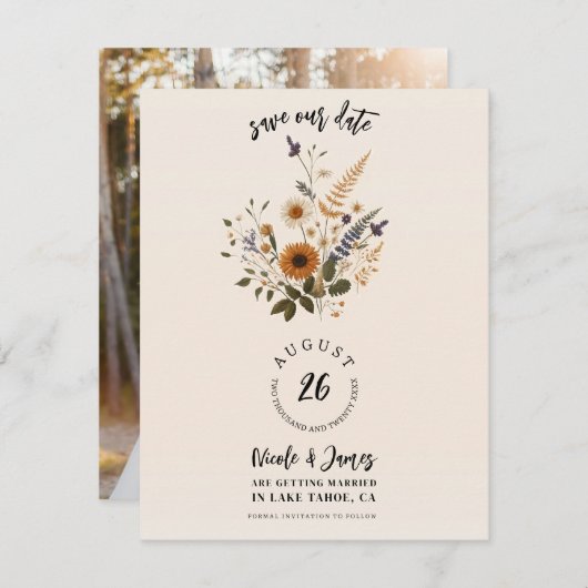 Wild Flowers  Floral Boho Save the Date Kaart (Voorkant / Achterkant)