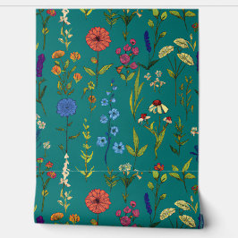 Wild Flowers op een Midnight Blue Achtergrond Behang