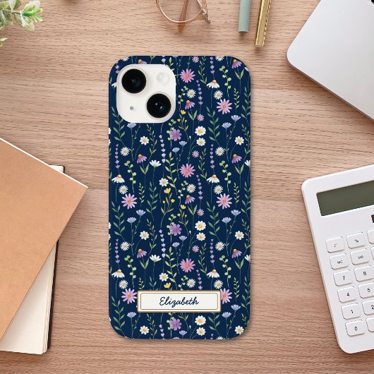 Wild Flowers Pattern Blue navy Background Case-Mate iPhone Case