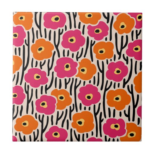 Wild Flowers Pattern Hot Pink en Sinaasappel Tegeltje (Voorkant)