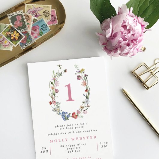 Wild Flowers Wreath Girl's 1e verjaardag Kaart