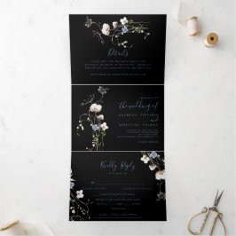 Wild Forest Floral Black Trifold Wedding Drieluik Uitnodiging