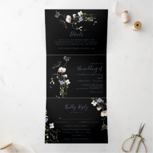 Wild Forest Floral Black Trifold Wedding Drieluik Uitnodiging