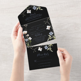 Wild Forest Floral Black Wedding All In One Uitnodiging