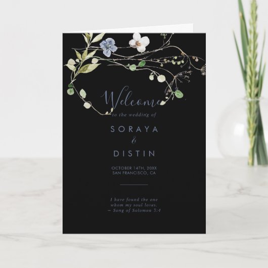 Wild Forest Floral Folded Black Wedding Programme Programma (Voorkant)