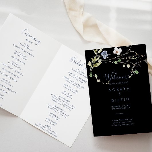 Wild Forest Floral Folded Black Wedding Programme Programma