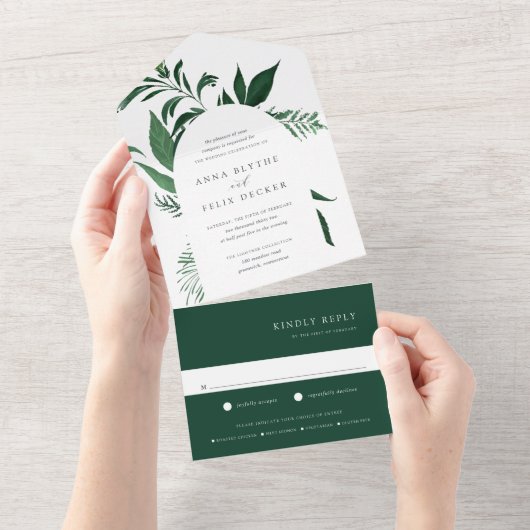 Wild Forest Green Botanical Arch Wedding All In One Uitnodiging (Afscheurbaar)