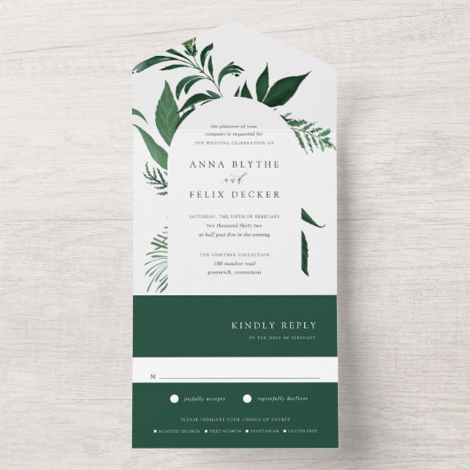 Wild Forest Green Botanical Arch Wedding All In One Uitnodiging (Binnen)