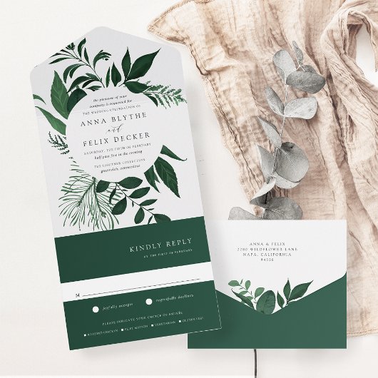 Wild Forest Green Botanical Lijst Wedding All In One Uitnodiging