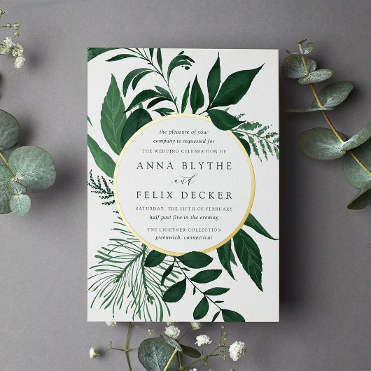 Wild Forest Green Botanical Wedding Folie Uitnodiging