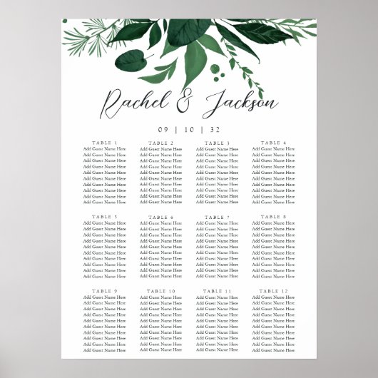 Wild Forest Green Botanical Wedding Seating Chart Poster (Voorkant)