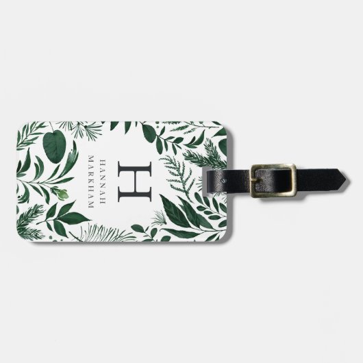 Wild Forest | Hunter Green Botanical Monogram Bagagelabel (Voorkant horizontaal)