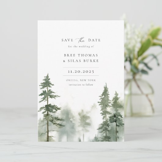 Wild Forest Pine Tree Foto Bruiloft Save The Date (Staand voorkant)