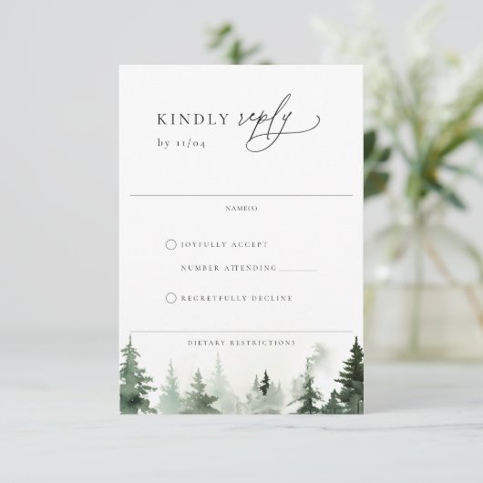 Wild Forest Pine Trees Bruiloft RSVP Kaart (Staand voorkant)