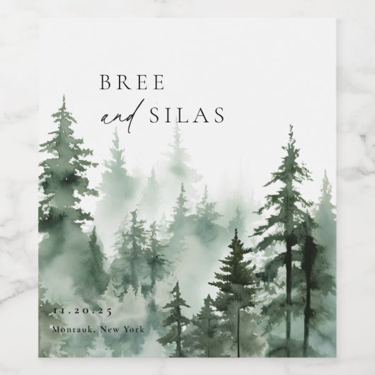 Wild Forest Pines Bruiloft Wijn Etiket (Enkel label)