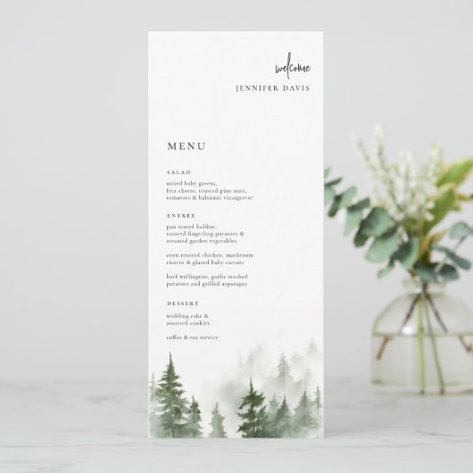 Wild Forest Pines Trouwplaats Kaart Menu (Staand voorkant)