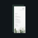 Wild Forest Pines Trouwplaats Kaart Menu<br><div class="desc">Elegante waterverf bos dennenboom scène,  bruiloft gast plaats kaart menu. Functies,  moderne zwarte typografie met coördinerende donkergroene kleur backing.</div>