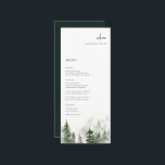 Wild Forest Pines Trouwplaats Kaart Menu<br><div class="desc">Elegante waterverf bos dennenboom scène,  bruiloft gast plaats kaart menu. Functies,  moderne zwarte typografie met coördinerende donkergroene kleur backing.</div>