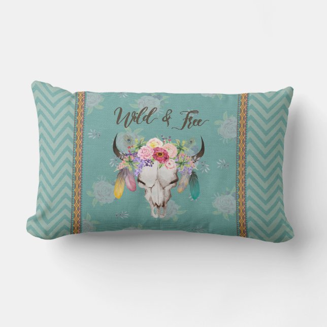 Wild & Free Boho Lumbar Pillow (Faded Turquoise) Kussen (Voorkant)