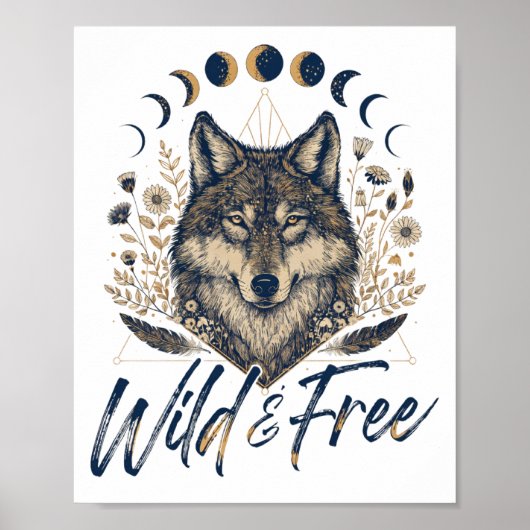 Wild & Free" Boho Wolf Poster (Voorkant)