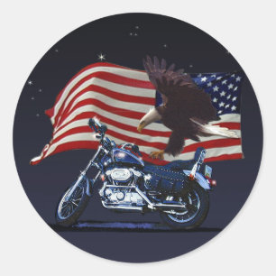 Wild & Free - Patriottic Eagle, Motorbike & US Fla Ronde Sticker