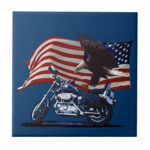 Wild & Free - Patriottic Eagle, Motorbike & US Fla Tegeltje