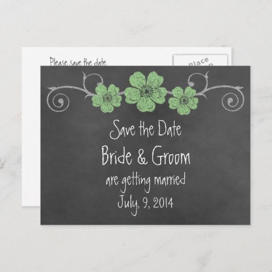 Wild Green Rozen Chalkboard Save the Date Briefkaa Aankondigingskaart (Voorkant / Achterkant)