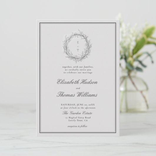 Wild Greenery Crest Formal Modern Classic Wedding Kaart (Staand voorkant)