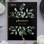 Wild Greenery | Elegant Black Planner<br><div class="desc">Deze stijlvolle botanische 2023-planner is voorzien van een lijst overvloedige groene waterverf bladeren op een donkere zwarte achtergrond met trendy,  elegante goudkleurige tekst en accenten.</div>