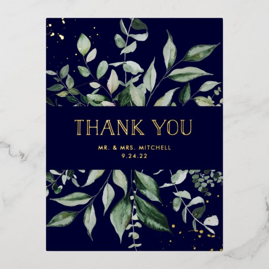 Wild Greenery | Navy and Gold Hartelijk dank Folie Uitnodiging Briefkaart (Voorkant)