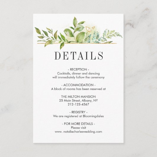 Wild Groen Bladgroen Bruiloft Details Informatie Informatiekaartje (Voorkant)