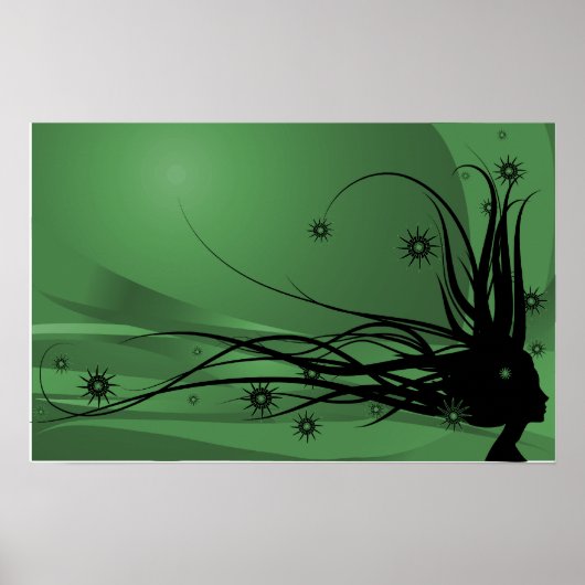 Wild Hair Lady Profile Silhouette - Black & Green Poster (Voorkant)